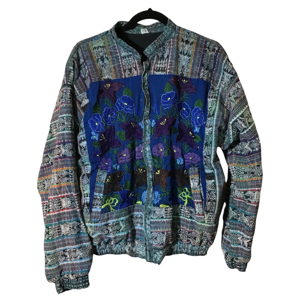 Handmade In Guatemala Embroidered Floral Blue Bomber Boho Jacket Cotton Pansy M